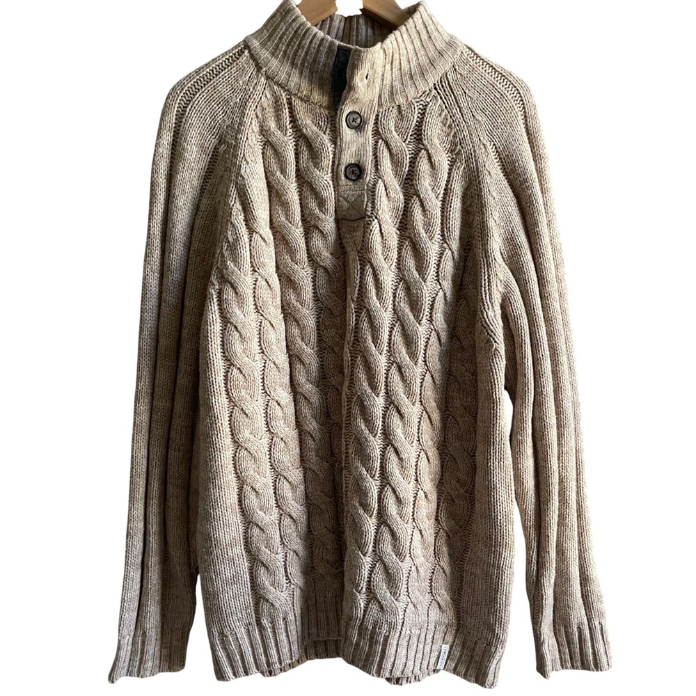 Weatherproof Vintage Sweater Mens XXL Tan Cable Knit Mock Neck Button Preppy